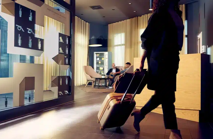 Business-Frau mit Koffer in Lobby Berlin Karlshorst